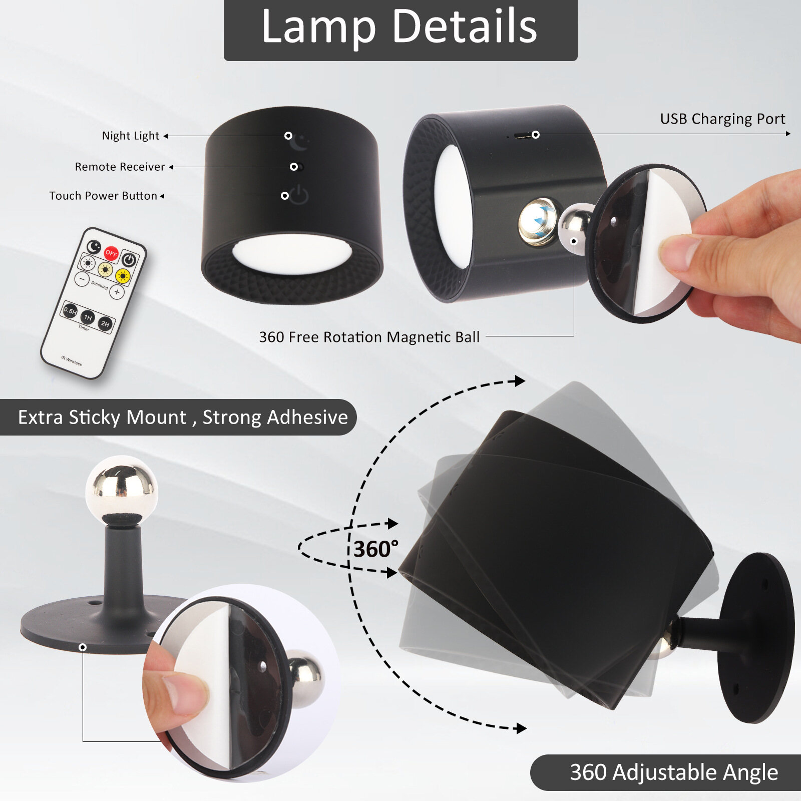 Màu RGB đèn tường đèn ban đêm có thể điều chỉnh mờ điều khiển từ xa có thể sạc qua USB cảm ứng đầu giường Đọc Sách Gắn tường ánh sáng