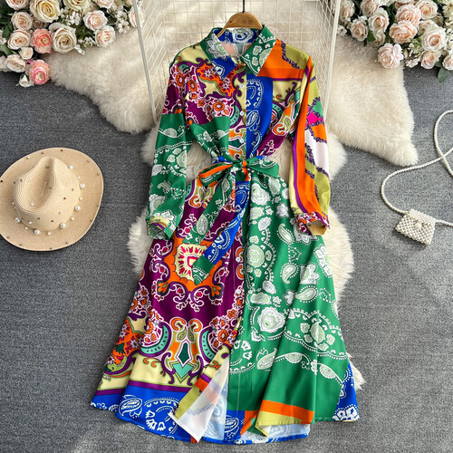 Gorgeous and Elegant French Hepburn Style Shirt Long Dress Luxury Long Sleeve Lapel Slim Fit Single Breasted Printed A-line Dress
