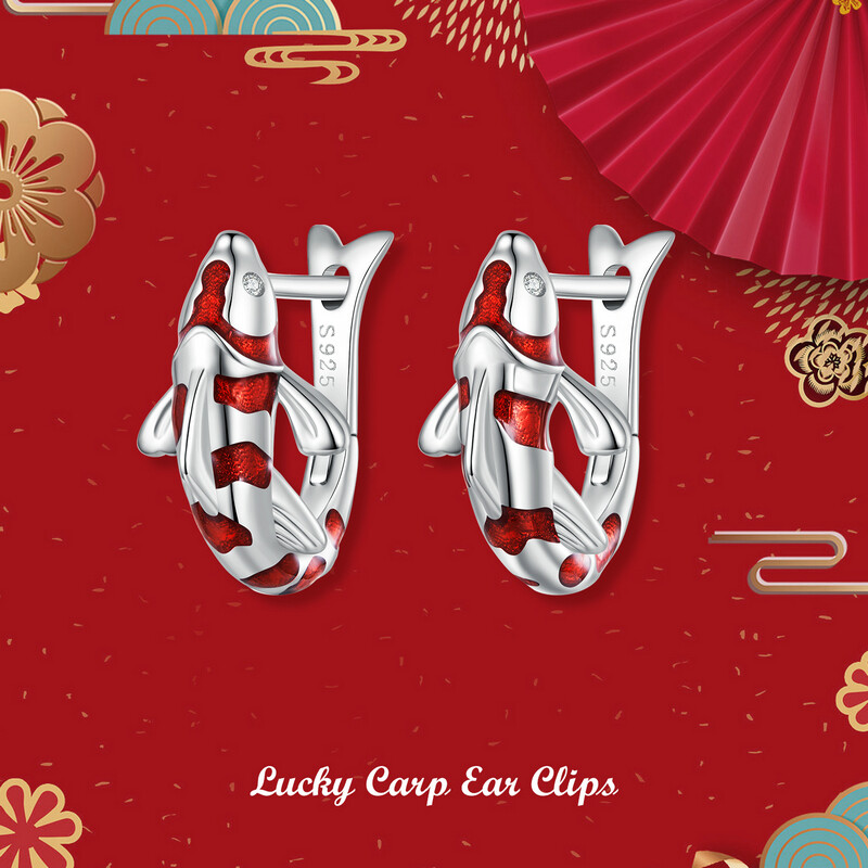 Bamoer 925 sterling silver red enamel carp ear buckles fish hoop earrings for women new year gift fine jewelry bse742