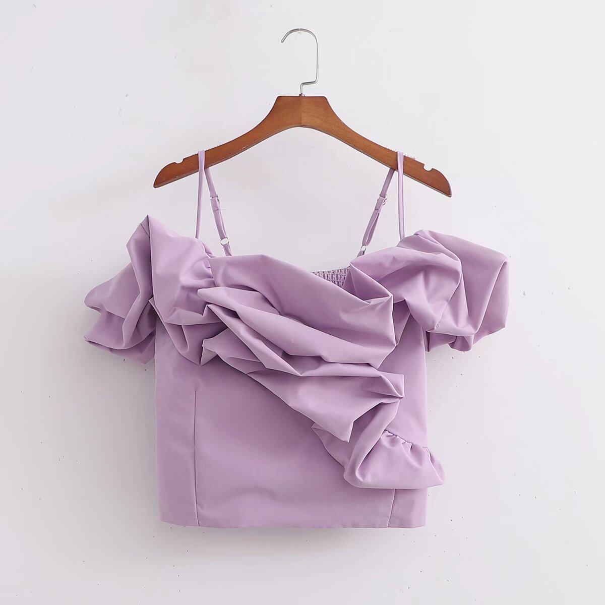 Willshela Women Fashion Violet  Crop Top Smocked Slip Camisole with Front Bud Decoration Off Shoulder Neckline Short Puff Sleeves Beach Holiday Cute Spring Summer Corset Top Chic Elegant Sexy Girls