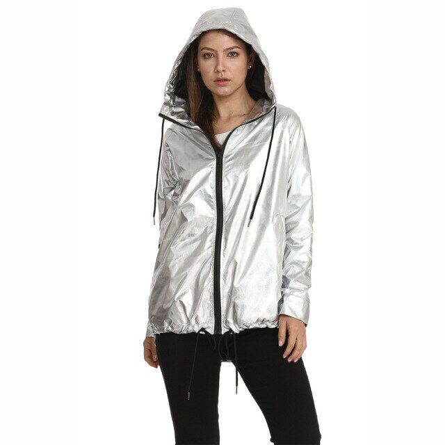 Raincoat Waterproof Jacket Women's Shiny Hooded Windbreaker Zipper Jacket New Silver Windbreaker Hooded Sports Jacket