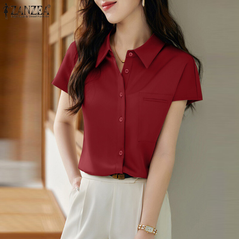 Queean ZANZEA Women Formal Lapel Short Sleeve Shirts Ladies Office
