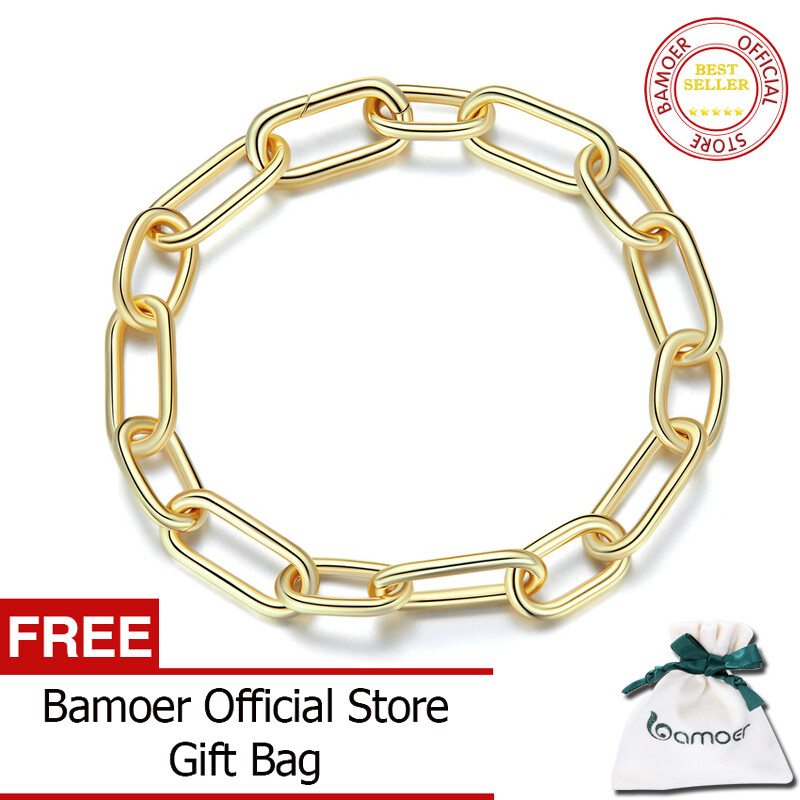 BAMOER 925 Silver Personality Paper Clips Bracelet Gold Color Fashion Jewelry For Women BSB078