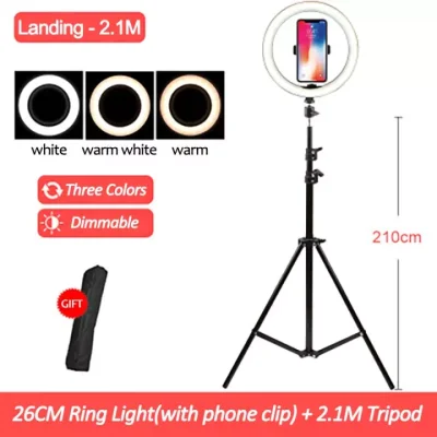 （READY STOCK）26cm LED Selfie Stepless Lighting Dimmable LED Ring Light Lamp With 210cm Tripod