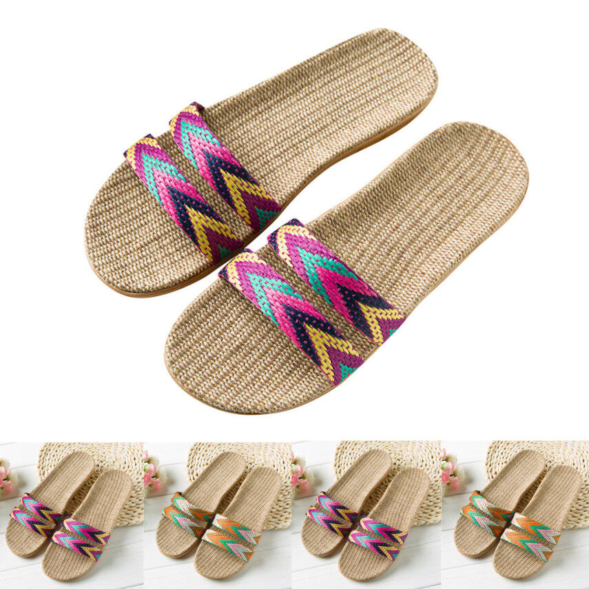 Women Slippers Fashion Anti-slip Linen Home Indoor Open Toe Flat Shoes Beach giá rẻ
