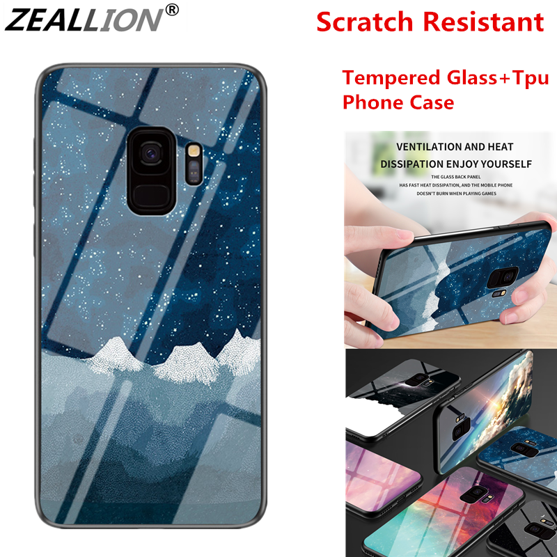 Zeallion for [Samsung Galaxy S8 S9 Plus S7 edge Note 10 Plus 8 9] Luxury Starry Sky Gradient Color Tempered Glass Phone Case Anti-fall Shockproof Protection Back Cover