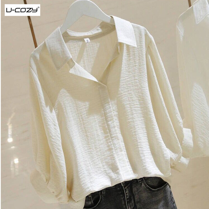 Korean Women Cotton V-neck Blouses Plain Loose Bat Sleeve T-shirts Tops