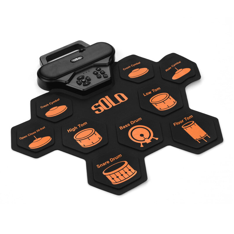 【Flash Deal】SOLO SD-50 Portable Electronic Drum Pad Digital Silicone Roll-Up Drum Practice Kit with 9 Labeled Pads 2 Foot Pedals Built-in Speaker for Children Beginners