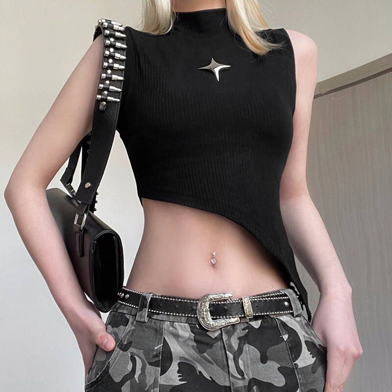 Basic T-shirts for Women 2023 Ribbed Tank Tops Summer Irregular Sleeveless Crop Tops for Streetwear Club Wear