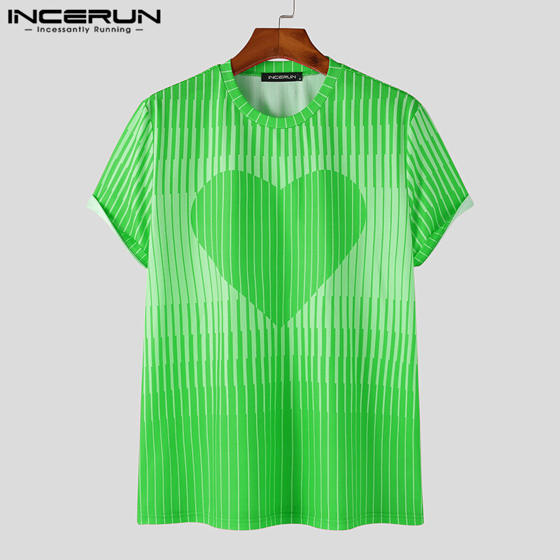 Incerun mens short sleeve heart stripe crew neck crew neck t-shirts