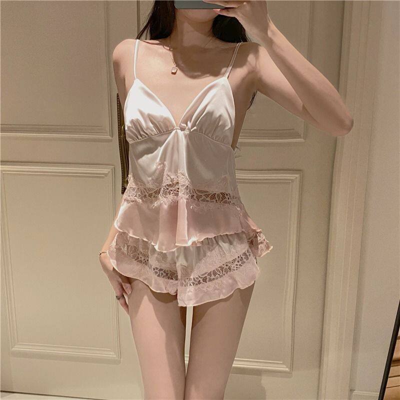 Ttbe 💖tiktok💖 🔥hot🔥sling sexy ice silk sleeveless lace pajama dress shorts nightgown two-piece set women's summer thin homewear set 吊带性感冰丝无袖蕾丝睡衣