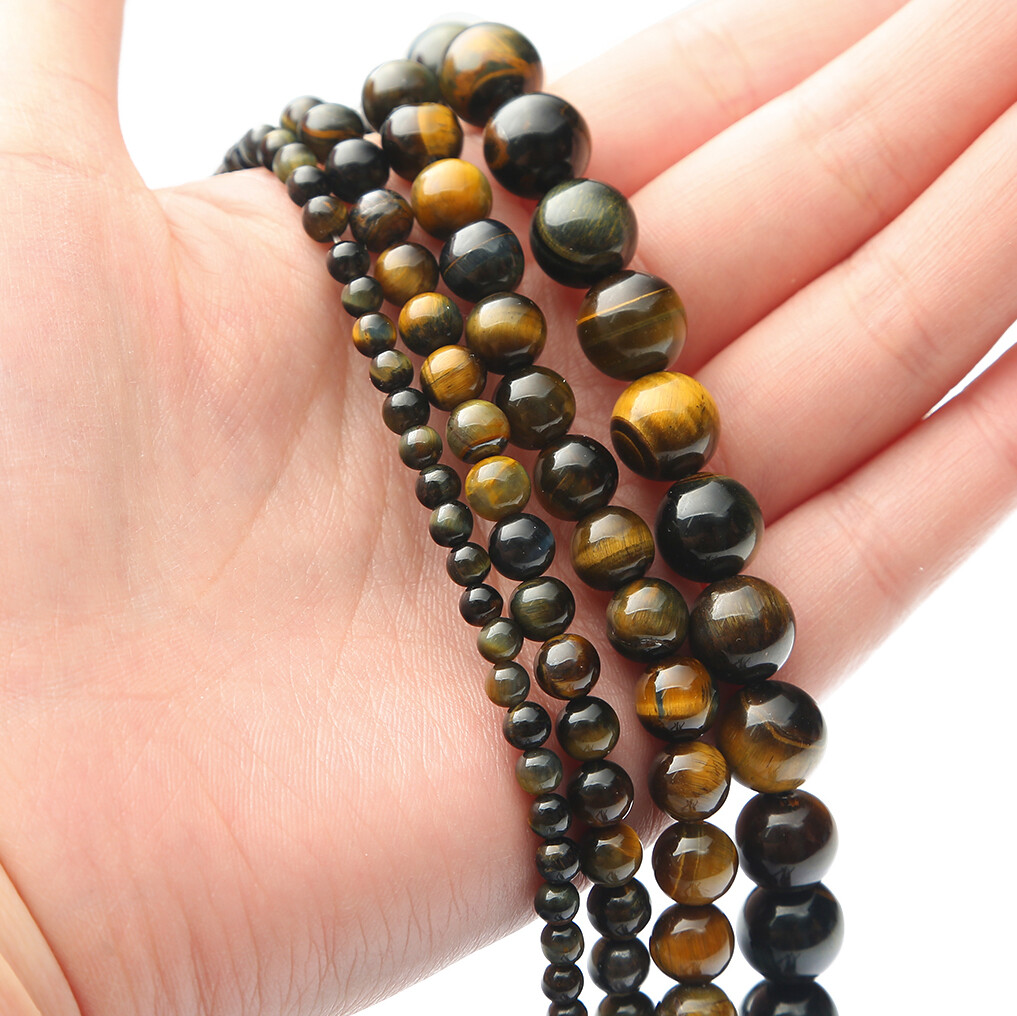 4/6/8/10/12mm Natural Stone Beads Yellow Blue Tiger Eye Loose Round Beads for Jewelry Making DIY Bracelet Necklace Earring Jewelry Accessories About 15''(38cm)