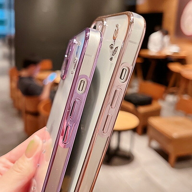 SNOOTORY Crystal Flower Phone Case For iPhone 13 Pro Max 12 Plating Silicone Soft Case Clear Camera Protective Case Cover for iPhone 11 12 Pro