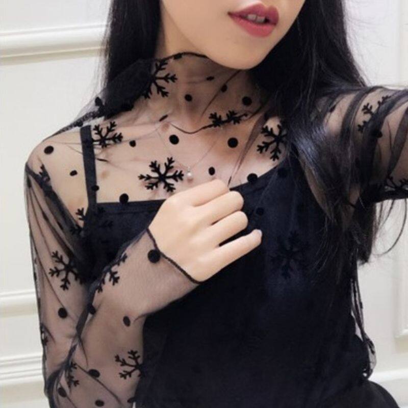 Áo Sơ Mi Nữ Mặc Lót Lưới Xuyên Thấu Cơ Bản Mùa Xuân, Áo Chui Đầu Sọc Bông Tuyết Ren Khoét Lỗ Lấp Lánh Áo Cánh Dài Tay Dáng Ôm Cổ Giả 7 Phong Cách