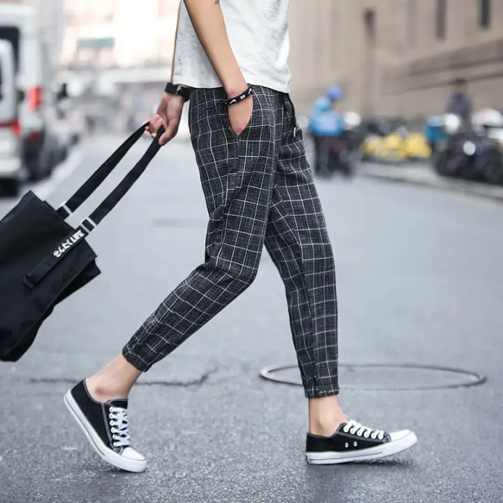 men's casual street plaid cropped pants