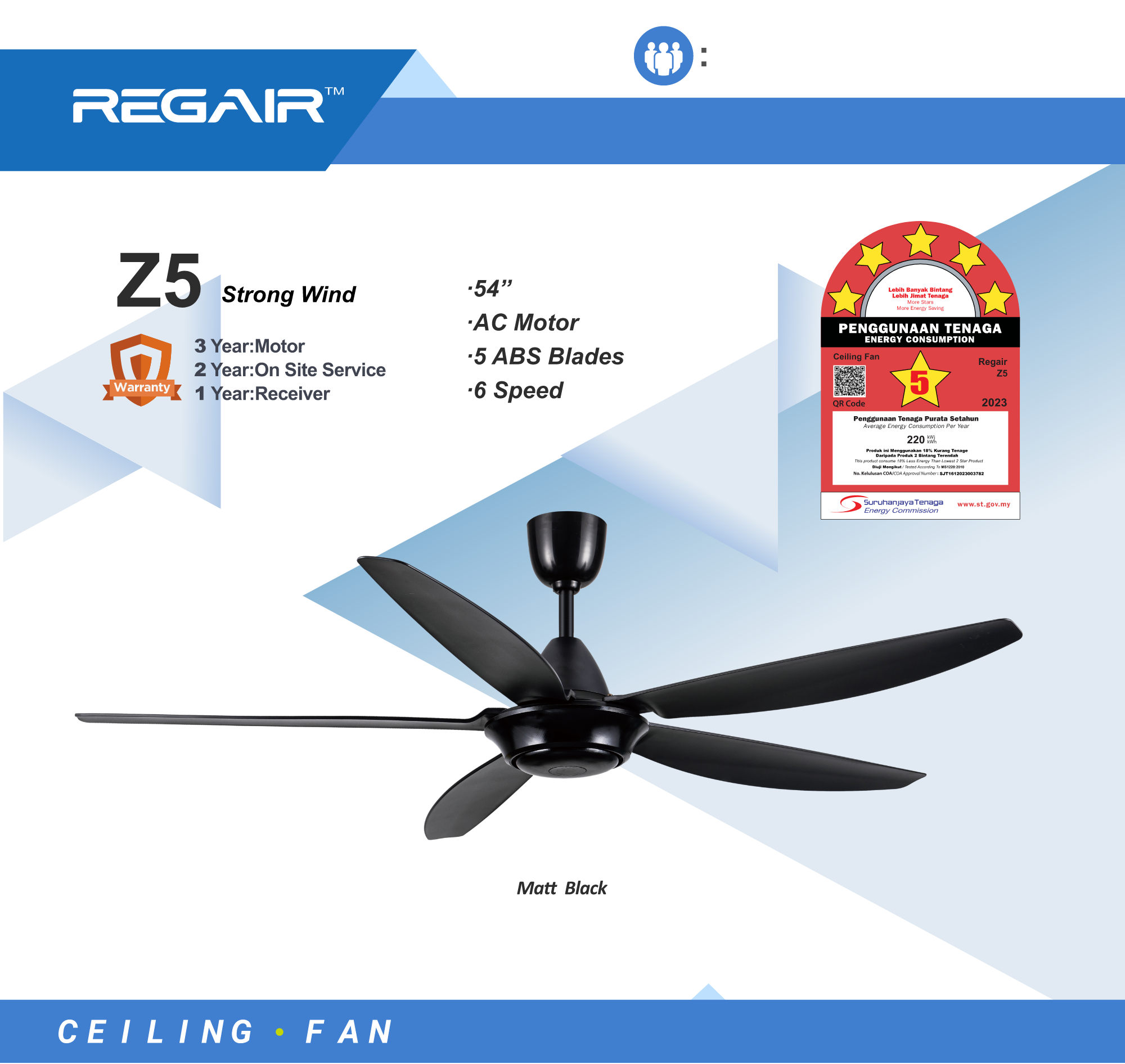 REGAIR Z5 54" AC Motor Ceiling Fan with 5 Blades 6 Speed/ Remote