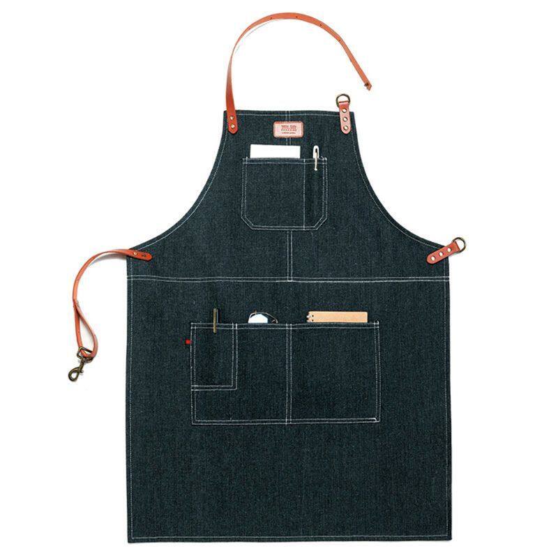 Unisex Koboi Denim Bbq Apron Bib dengan Pu Tergantung Tali Leher Kain Kerja untuk Lukisan Lukisan Pembuat Kek Barista Pelayan