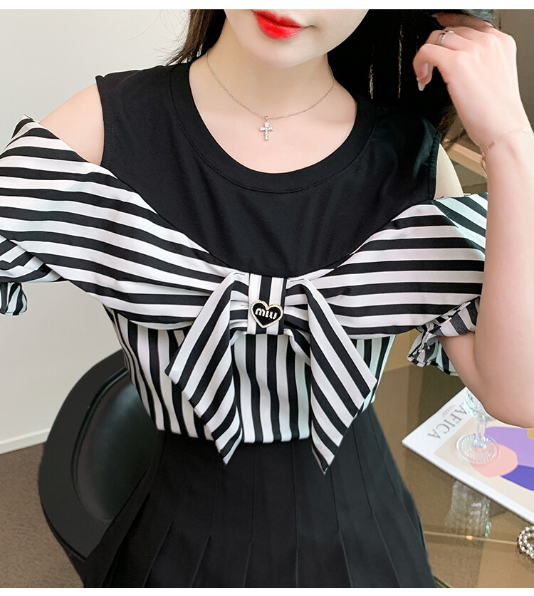 2023 Summer New Bow Tie Off Shoulder Short Sleeve Top