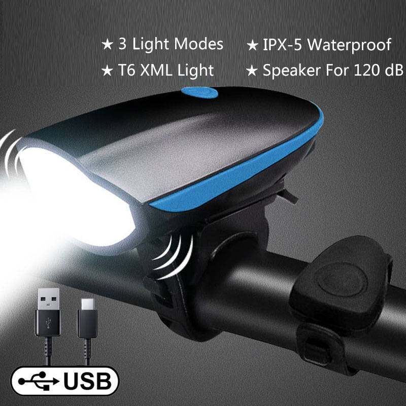 MTB Bicycle Headlight USB Rechargeable Bike Front Flashlight with Horn larm Bell