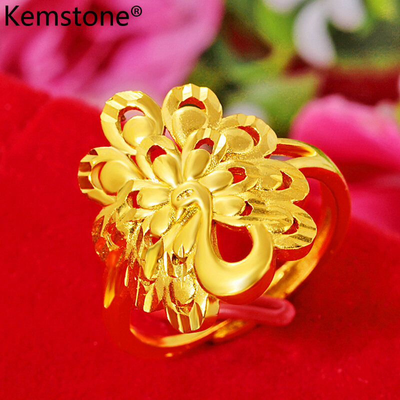 Kemstone 24K Gold Plated Adjustable Phoenix Flower Women's Ring Ancient Jewelry