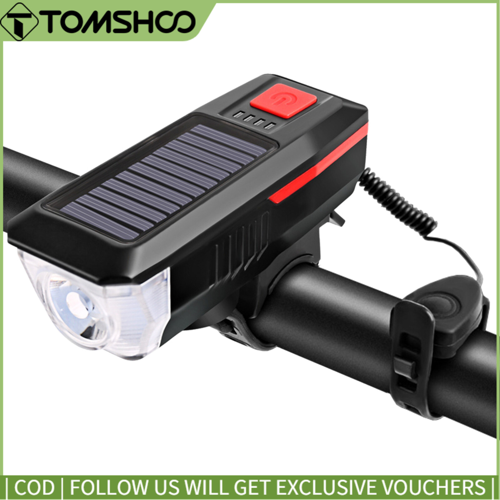 Solar / USB Charging Bike Light Bicycle Bell Horn Lamp Bike Flashlight Bike Front Light USB / Solar-Powered Rechargeable Waterproof Cycling Headlight with3 Lighting Modes 5 Sounds Fits Mountain Road Bike