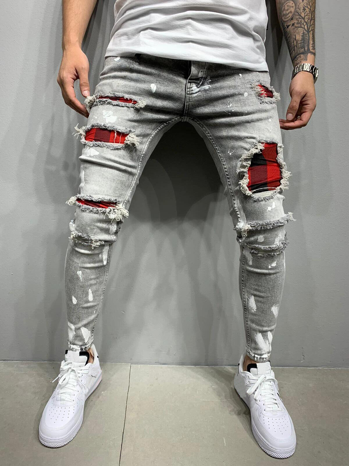 Happybuyner Fashion Mens Jeans Spliced Ripped Denim Pants Pencil Jeans Slim Patch Pants Red Check Plaid  Elastic Pants For Men
