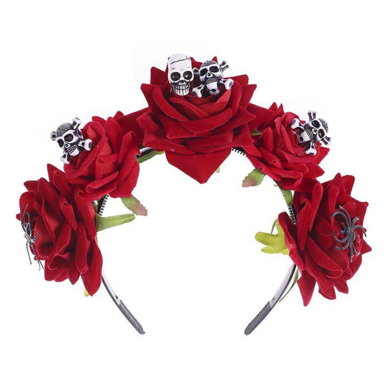 Halloween Day of the Dead Headband Velvet Bloomy Rose Flower Hair Hoop Horror Skull Spider Cosplay Festival Headpiece