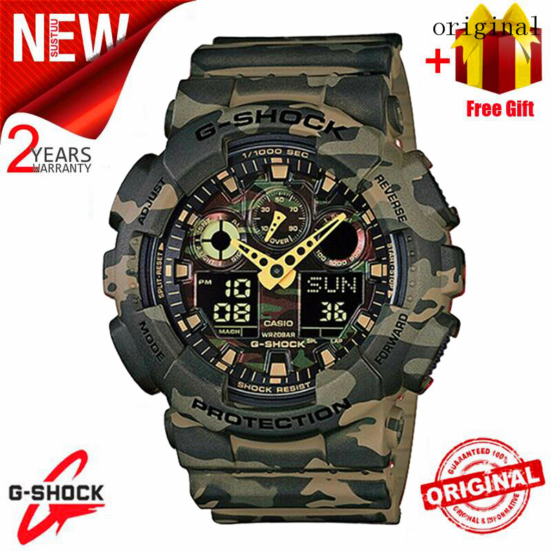 2021 Original Casio G Shock GA100 Men Sport Watch Dual Time Display 200M Water Resistant Shockproof and Waterproof World Time LED Auto Light Sports Wrist Watches with 2 Year Warranty GA-100CM-5A Black Camouflage Green (Ready Stock) Malaysia