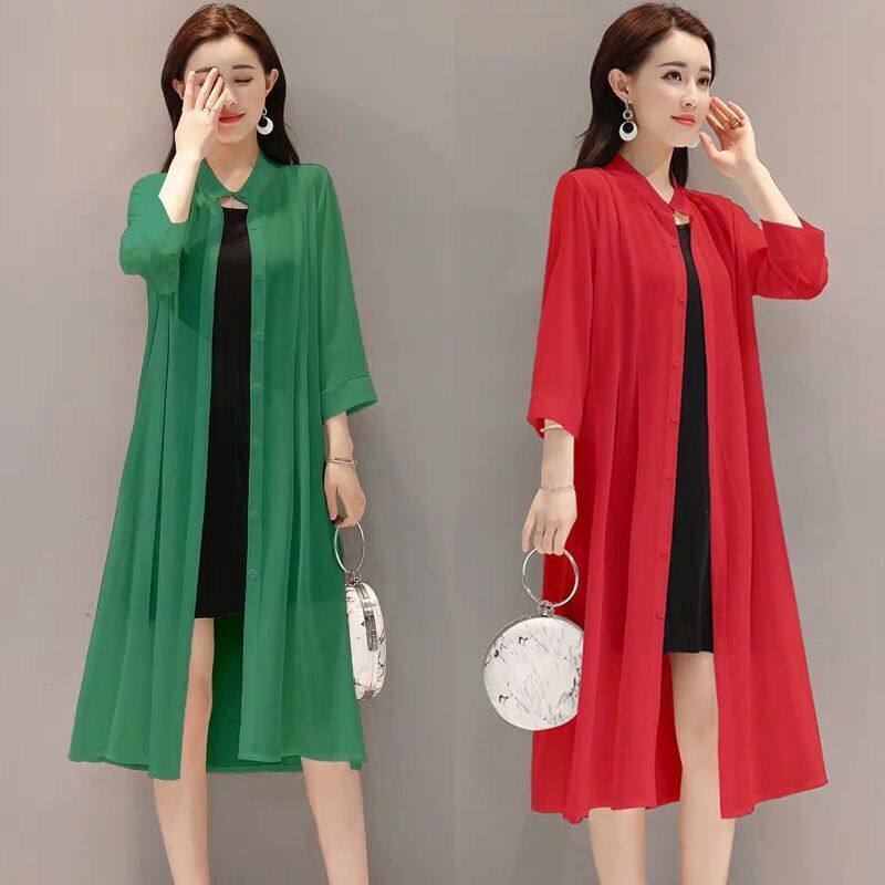Long shirt in chiffon in summer and autumn  size women's Korean version with shawl cardigan thin coat outside