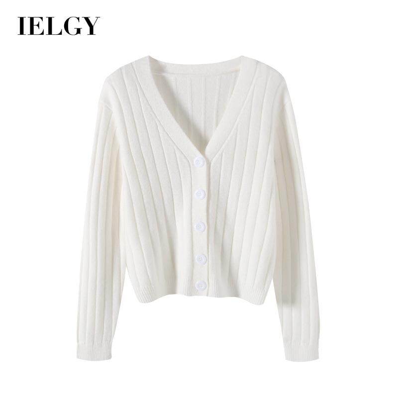 IELGY women's solid color buttoned loose long-sleeved v-neck knitted cardigan