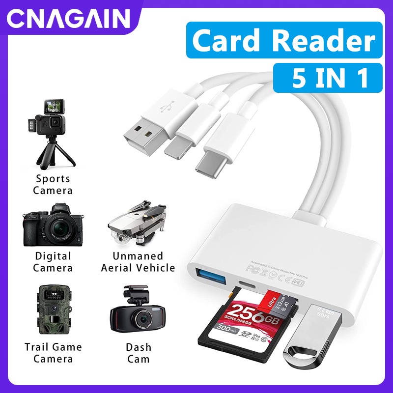 Cnagain 5 trong 1 đầu đọc thẻ nhớ, bộ chuyển đổi OTG USB và đầu đọc thẻ SD cho iPhone/iPad, loại USB C và USB một thiết bị có micro SD và khe đựng thẻ SD, hỗ trợ SD/Micro SD/SDHC/SDXC