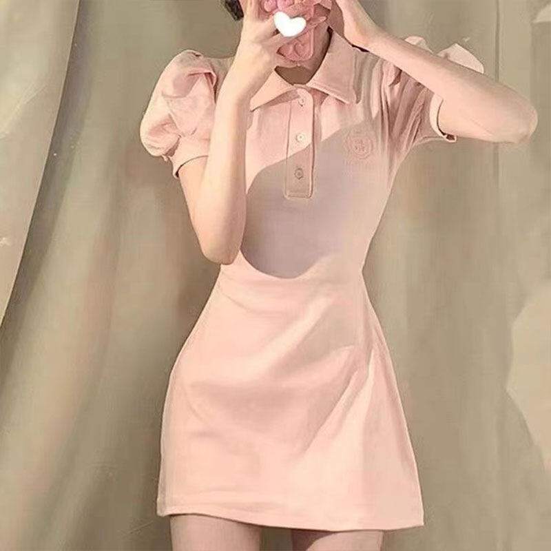 Xiyuyi women's dress new sexy polo collar shirt dress waist slim pink fashion dress