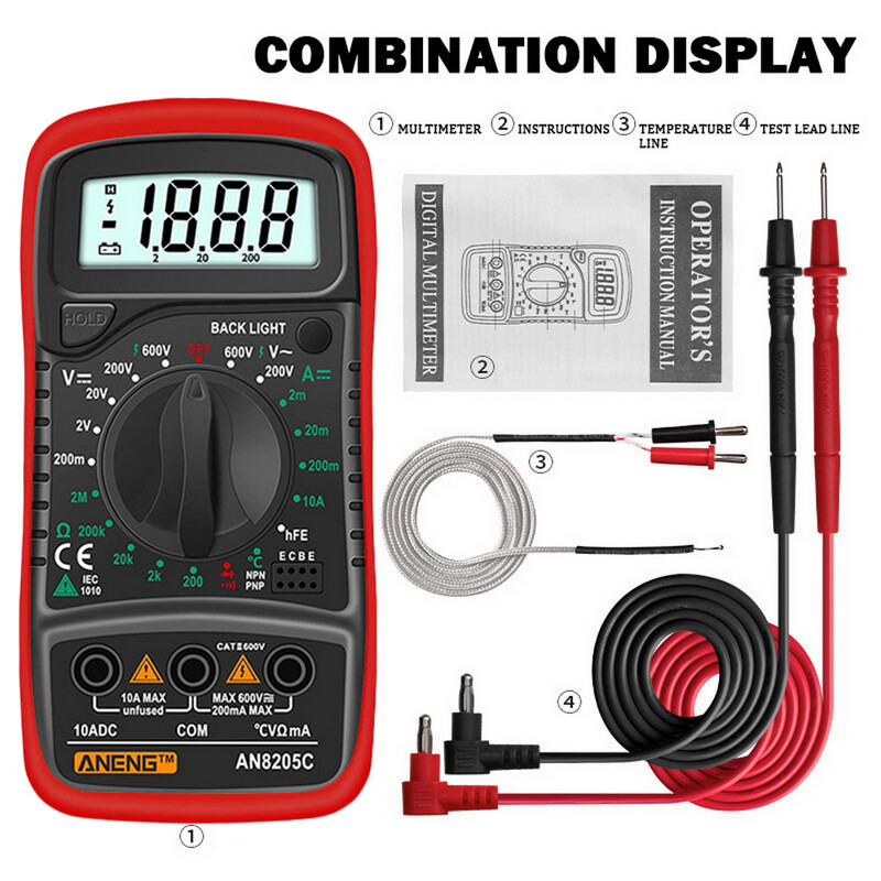 Ampe Kế AC/DC Đồng Hồ Đo Điện Áp Ohm Multimetro Có Cặp Nhiệt Điện, Đèn Nền LCD AN8205C-INTL