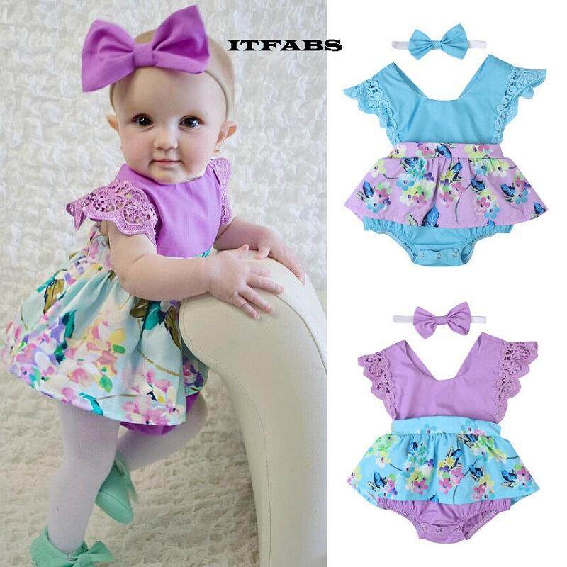 Headband Jumpsuit Outfit Baby Girl Kids Clothes Summer Floral Romper Tutu Dress