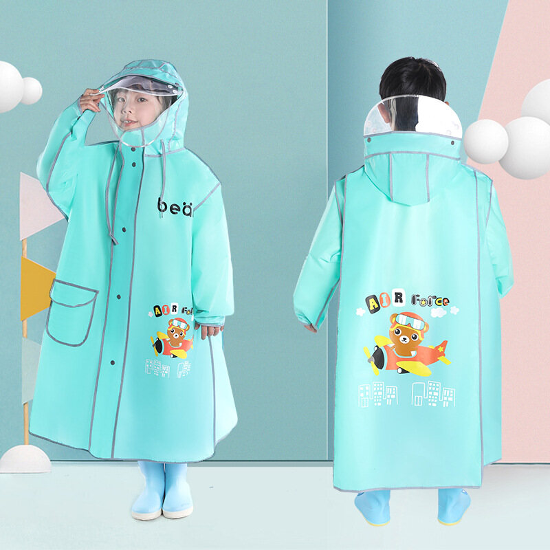 BAOLONGXIN Children's raincoat with schoolbag bit double hood zipper raincoat