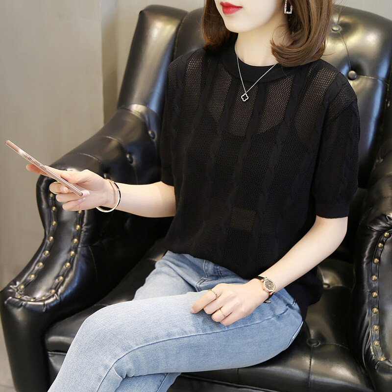 Luckin store women's short sleeve t-shirt round-neck new hollow knit blouse loose solid color women's top