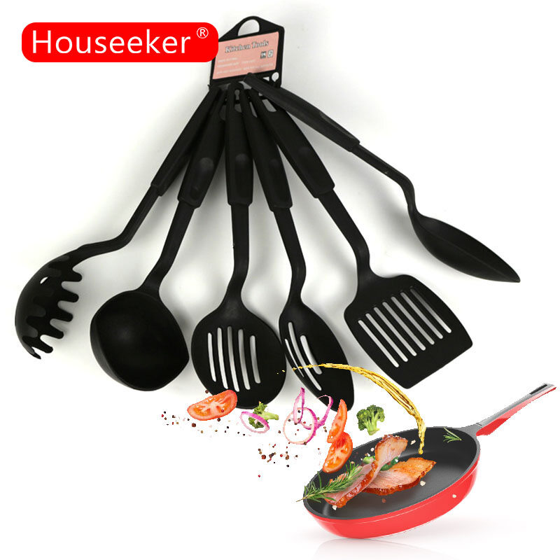 Houseeker 6Pcs Black Plastic Kitchen Utensils Set Baking Cookware Colander Spoon Spatula Shovel Soup Spoon Pasta claw Set