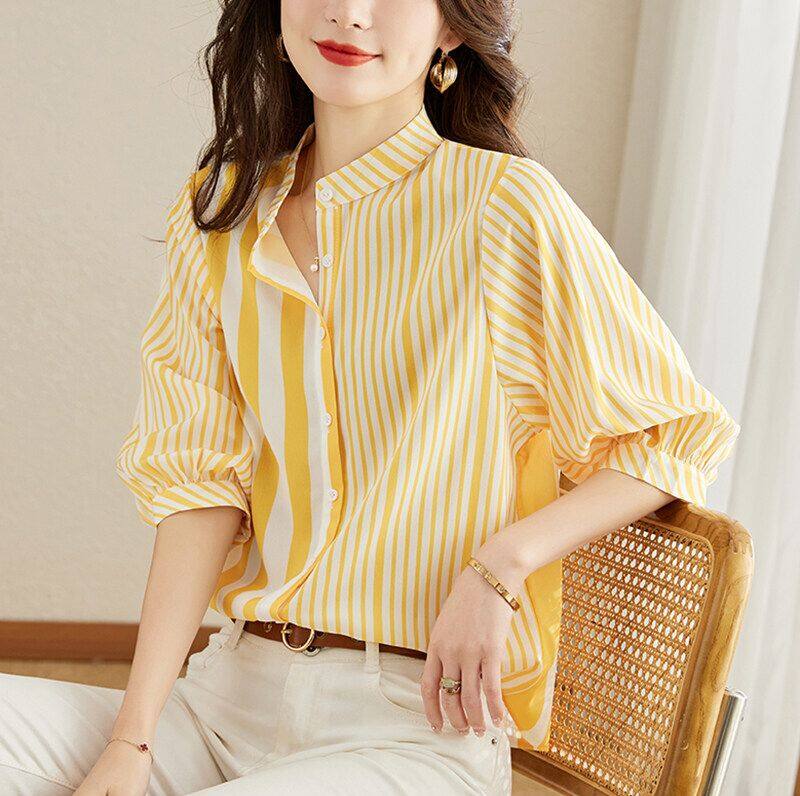 SNUG 2023 summer new sense of senior small stand-up collar shirt French lazy wind cardigan magnanimous collision color striped shirt female