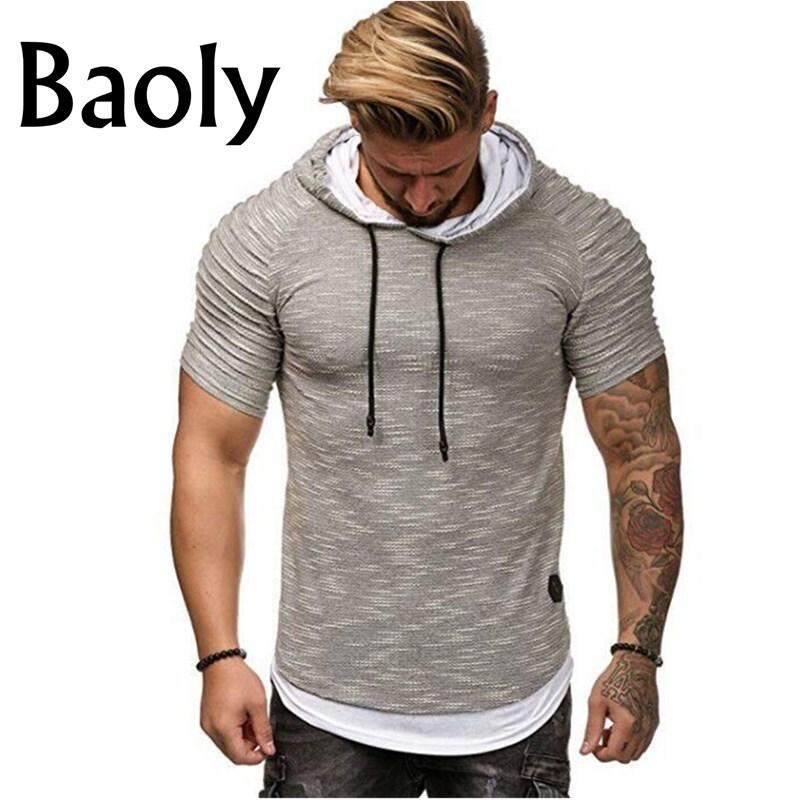 Baoly Kemeja Kasual T-shirt 2019 Pria Leher Bulat Berkerudung Warna Padat Lengan Pendek Striped Lipit Lengan Raglan T-shirt