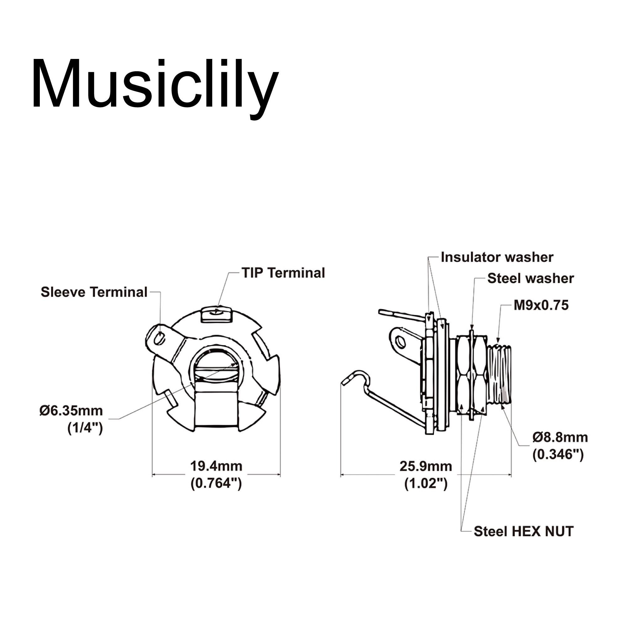 Musiclily 6.35mm Mono Guitar Input Jack Socket