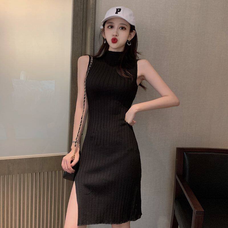 Women Thin Inner Dress French Retro Base Knitted Black Dress