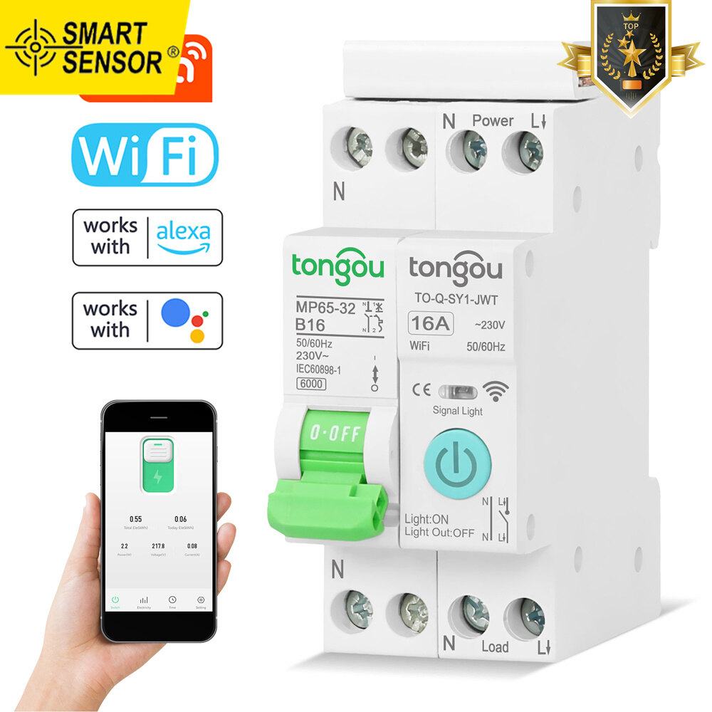 Smart Sensor Tuya Wifi Intelligent Circuit Breaker Wireless Remotes Control Mobilephone APP Remotes Viewing Intelligent Home Equipment Timing Countdown Loop Timing Modes Compatible with Alexa Google Home Voice Control