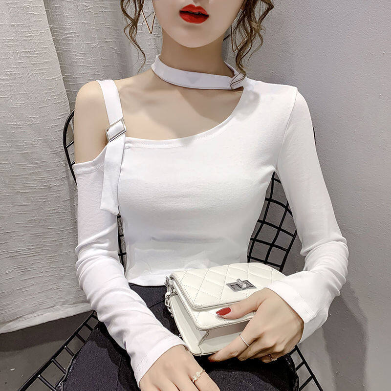 MSBEST Cotton Sexy Off-shoulder Long Sleeve Shirt Women Slim T-shirt Top