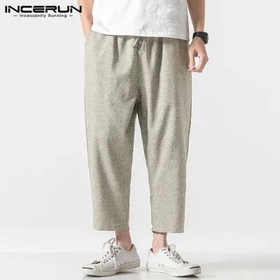 (Cotton Liean) INCERUN Retro Men Drawstring Trousers Wide Leg Yoga Baggy Pants