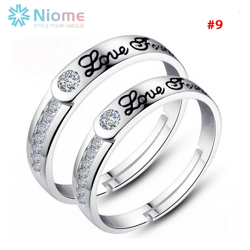 Niome 1 Pair 925 Silver Plated Heart Lovers Couple Promise Rings Set Zircon Crystal Diamond Wedding Ring Jewelry