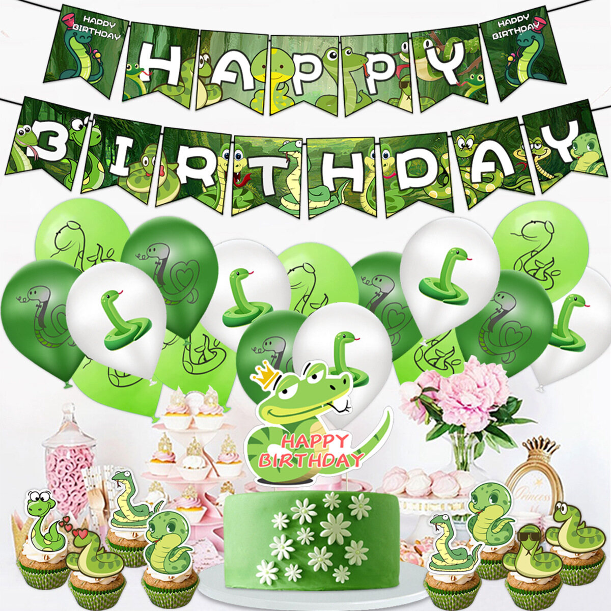 JOYMEMO Snake Birthday Party Decorations, Happy Birthday Banner with Cake Topper, Cupcake Topper and Snake Balloon for Boy Girls Birthday Baby Shower Party Decoration