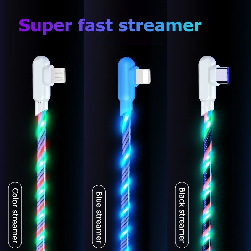 1m/2m 5A Fast Charging Cable For iPhone 13 12 Pro Micro USB Type C Flow Luminous Lighting LED Kable Data Cord For Samsung Huawei  04