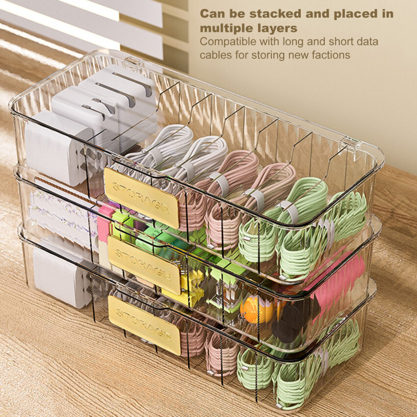 Cable Storage Box Transparent Plastic Data Line Storage Container For Desk Stationery Multifunctional Headset Data Charging Line