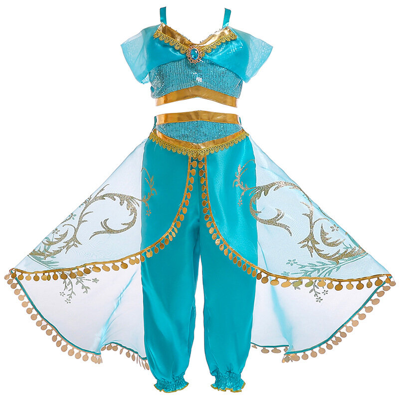 Girls Kid Jasmine Princess Costume Aladdin Belly Dance Dress Halloween Party Cosplay Costume Top Skirt Pant Sets