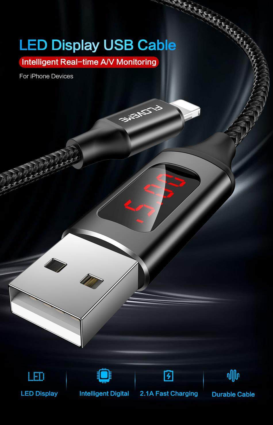 Ruibo Floveme Layar Digital LED 2.4A Petir 8Pin USB Kabel Data Isi Ulang Sinkronisasi Kabel